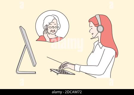 Service, Call Center, Arbeit, Kommunikationskonzept. Junge Frau Operator Berater Zeichentrickfigur mit Headset im Gespräch mit älteren Bürger alten fema Stock Vektor