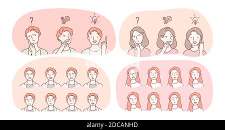 Emotionen, Gesichtsausdruck Variantenkonzept. Männliches und weibliches Gesicht mit verschiedenen positiven und negativen Ausdrücken, die Frustration, Aufklärung, s zeigen Stock Vektor