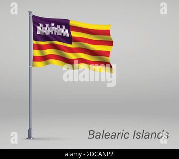 Wehende Flagge der Balearen - Region von Spanien auf Fahnenmast. Vorlage für Unabhängigkeitstag Poster Stock Vektor