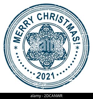 Weihnachtsstempel auf weißem Hintergrund. Grunge-Oberfläche. Schneeflocke in der Mitte des Eiszapfens. Vektorgrafik. Frohe Weihnachten und Frohe Neujahrsschrift Stock Vektor