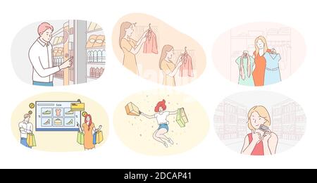 Einkaufen im Handelszentrum oder Supermarkt und Verkaufskonzept. Glückliche Frauen und Männer Kunden Comic-Figuren Einkaufen in Lebensmittelgeschäft oder Kleidung bouti Stock Vektor