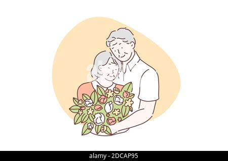 Liebe, Freundschaft, gemeinsam, Valentinstag Konzept. Paar liebenswert im Alter Mann und Frau treffen. Ältere Menschen, Rentner feiern Jubiläumsfeiertag. Stock Vektor