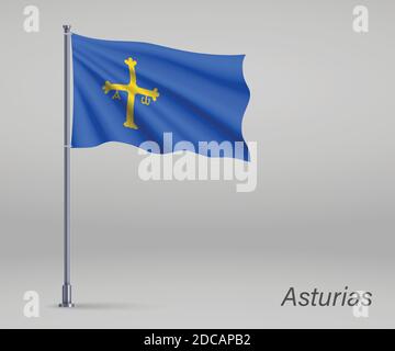 Flagge von Asturien schwenken - Region von Spanien auf Fahnenmast. Vorlage für Unabhängigkeitstag Poster Stock Vektor