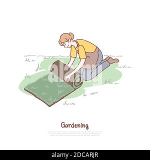 Weibliche Gärtnerin in Schürze, junge Frau mit frischen grünen Rolle, Raseninstallation, Landschaftsbau, Gartenbanner. Frau Ausrollen Kunstrasen concep Stock Vektor