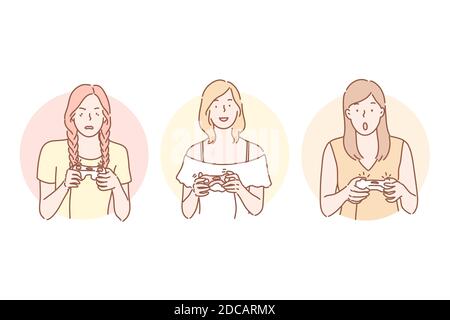 Gamer, spielen, sucht Set Konzept. Glückliche fröhliche Frau spielt Videospiele an der Konsole. Überrascht Mädchen ist süchtig nach Gaming. Wütend gereizter Spieler Stock Vektor