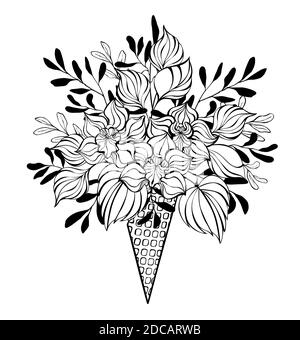 Kontur Waffelkegel mit Bouquet von künstlerischen, Kontur Orchideen und dekorative Pflanzen in schwarz umrandet auf weißem Hintergrund gezeichnet. Farbgebung. Stock Vektor