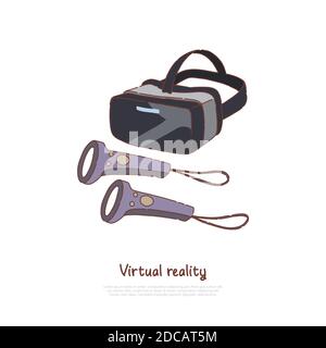 VR-Brille mit Controllern, interaktive Entertainment-Innovation, Gadget für Wirtschaft und Bildung, AR-Technologie-Banner. Virtual Reality Headset Co Stock Vektor