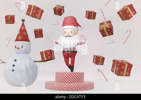 3D Rendering, der Tanz eines fröhlichen Weihnachtsmann und Schneemann auf EIS Hintergrund. Das Konzept von Weihnachten. Stockfoto