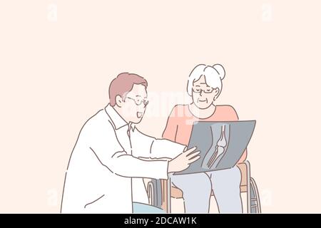 Gesundheit, Chirurgie, Radiologie, senile Krankheiten Konzept. Ein junger, kompetenter Arzt erklärt einer älteren Frau, einer behinderten Person, die Diagnose. Professionelle Stock Vektor