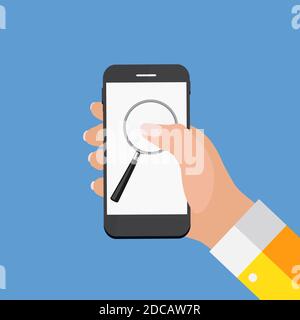 Hand mit abstraktem Telefon und Suchsymbol. Vorlage im modernen flachen Stil Illustration Stockfoto