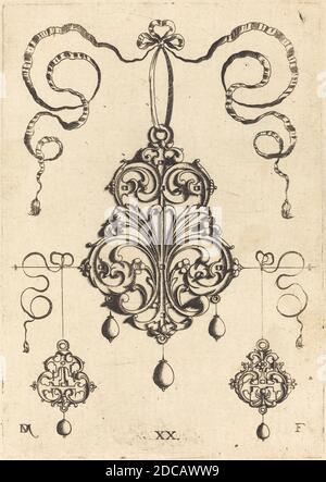 Daniel Mignot, (Künstler), deutsch, aktiv 1593/1596, ein großer und zwei kleinere Strapwork Anhänger, Strapwork Anhänger, (Serie), Gravur Stockfoto