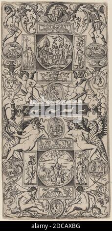 Nicoletto da Modena, (Künstler), italienisch, aktiv 1500/1512, Ornamenttafel mit Orpheus und dem Urteil von Paris, vier Ornamenttafeln, (Serie), c. 1507, Gravur, Blatt: 26 x 13 cm (10 1/4 x 5 1/8 Zoll Stockfoto