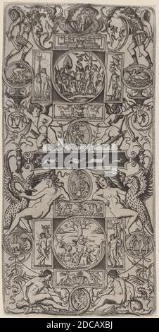 Nicoletto da Modena, (Künstler), italienisch, aktiv 1500/1512, Ornamenttafel mit Orpheus und dem Urteil von Paris, vier Ornamenttafeln, (Serie), c. 1507, Gravur, Blatt (auf Plattenmarkierung zugeschnitten): 26.5 x 13 cm (10 7/16 x 5 1/8 Zoll Stockfoto