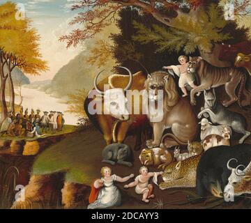 Edward Hicks, (Künstler), Amerikaner, 1780 - 1849, Peaceable Kingdom, c. 1834, Öl auf Leinwand, insgesamt: 74.5 x 90.1 cm (29 5/16 x 35 1/2 Zoll Stockfoto