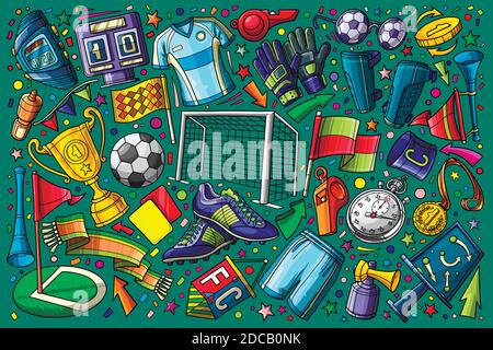 Handgezeichneter Fußball, Fußball Doodle Set Vektor Illustration Hintergrund Stock Vektor