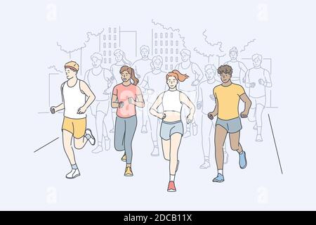 Sport, Joggen, Marathon, Aktivitätskonzept. Gruppe von multirassischen Menschen Männer und Frauen Athleten laufen in der Stadt Rennen teilnehmen. Im Sommer Klimaanlage im Freien Stock Vektor