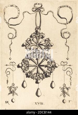 Daniel Mignot, (Künstler), deutsch, aktiv 1593/1596, Anhänger mit zwei Doppelkreuzen, Anhänger in Form von Rädern, Sternen und Kreuzen, (Serie), Gravur Stockfoto