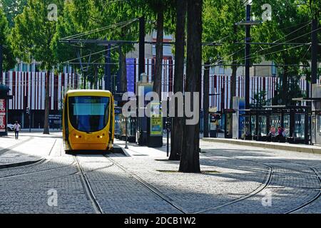 Gelbe Straßenbahn im Stadtzentrum von Mulhouse, Haut-Rhin, Grand-Est, Frankreich Stockfoto