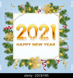 Neujahr 2021 Hintergrund mit Kiefernästen, goldenen Schneeflocken, glänzenden Girlanden, Zuckerrüben und Lametta. Vorlage für Weihnachten und Neujahr Poster Stock Vektor
