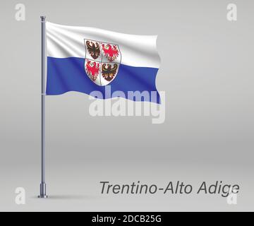 Flagge von Trentino-Südtirol - Region von Italien auf Fahnenmast. Vorlage für Unabhängigkeitstag Stock Vektor