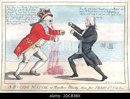 Ein BOXKAMPF oder EINE ANDERE BLUTIGE NASE FÜR JOHN BULL von William Charles veröffentlicht im Jahr 1813. Die Karikatur feiert amerikanische Marineerfolge zu Beginn des Krieges von 1812. Das englische Schiff Boxer wurde von der amerikanischen Enterprise besiegt, wie James Madison verspottet George III. Erinnert William Charles (1776-1820) war ein Schotte, emigrierte nach Amerika Stockfoto