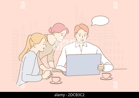 Meeting, Coworking, Teamwork, Analyse Geschäftskonzept. Team oder Gruppe von Menschen Geschäftsleute Frauen Mitarbeiter Partner Cartoon-Figuren zusammenarbeiten ich Stock Vektor