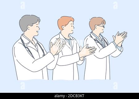 Medizin, Applaus, Team, Erfolgskonzept. Gruppe von jungen Männern Krankenhaus Ärzte medizinische Arbeiter Cartoon-Figuren Hand klatschen zusammen. Ziel erreichen Stock Vektor