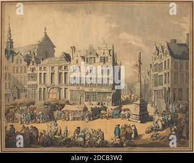 Thomas Rowlandson, (Künstler), britisch, 1756 - 1827, Place de Meir in Antwerpen, 1797, handkolorierte Radierung und Aquatinta Stockfoto