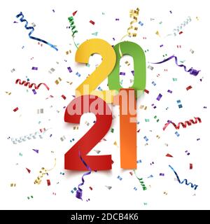 Frohes Neues Jahr 2021. Farbenfrohes Design mit Bändern und Konfetti. Stock Vektor