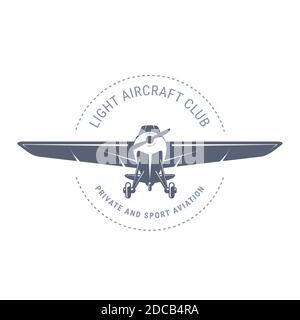 Leichte Luftfahrt-Emblem mit Doppeldecker, Vintage-Flugzeug-Symbol, Propeller Flugzeug Vorderansicht Logo, Vektor-Illustration Stock Vektor