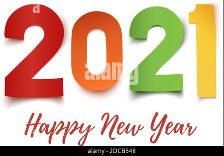 Frohes Neues Jahr 2021. Buntes Papier abstraktes Design auf weißem Hintergrund. Stock Vektor