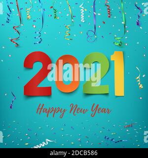 Frohes Neues Jahr 2021. Farbenfrohes Papier in abstraktem Design. Stock Vektor