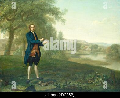 Arthur Devis, (Künstler), britisch, 1712 - 1787, Portrait of a Gentleman Netting Rebhühner, 1756, Öl auf Leinwand, insgesamt: 69.9 x 97.8 cm (27 1/2 x 38 1/2 Zoll), gerahmt: 83.8 x 103.5 x 5.4 cm (33 x 40 3/4 x 2 1/8 Zoll Stockfoto