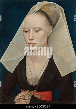 Rogier van der Weyden, (Künstler), Niederlandisch, 1399/1400 - 1464, Portrait of a Lady, c. 1460, Öl auf Platte, bemalte Oberfläche: 34 x 25.5 cm (13 3/8 x 10 1/16 Zoll), Gesamt (Platte): 37 x 27 cm (14 9/16 x 10 5/8 Zoll), gerahmt: 60.9 x 53.3 x 11.4 cm (24 x 21 x 4 1/2 Zoll), Dieses Gemälde ist ein herausragendes Beispiel für die abstrakte Eleganz, die Rogiers Spätporträts charakterisieren. Obwohl die Identität der Sitterin unbekannt ist, deutet ihre selbstbewusste würde darauf hin, dass sie Mitglied des Adels ist Stockfoto