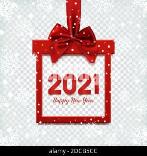Frohes neues Jahr 2021 Hintergrund, quadratisches Banner in Form von Weihnachtsgeschenk mit rotem Band und Schleife. Stock Vektor