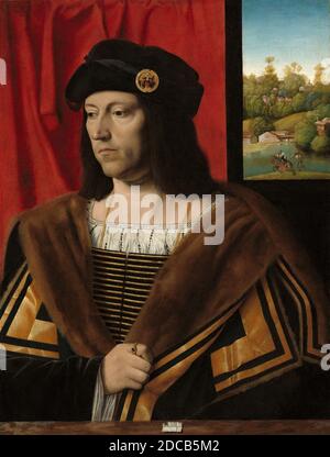 Bartolomeo Veneto, (Künstler), Lombard-Venetian, aktiv 1502 - 1531, Porträt eines Gentleman, c.. 1520, Öl auf Leinwand übertragen, insgesamt: 76.8 x 58.4 cm (30 1/4 x 23 Zoll), gerahmt: 106.4 x 89.2 x 7.6 cm (41 7/8 x 35 1/8 x 3 Zoll Stockfoto