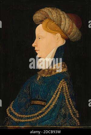 Franco-Flämisch 15. Jahrhundert, (Maler), Profil Porträt einer Dame, c. 1410, Öl auf Platte, bemalte Oberfläche: 52 x 36.6 cm (20 1/2 x 14 7/16 Zoll), Gesamt (Platte): 53 x 37.6 cm (20 7/8 x 14 13/16 Zoll), gerahmt: 74.1 x 61.3 x 5.4 cm (29 3/16 x 24 1/8 x 2 1/8 Zoll Stockfoto