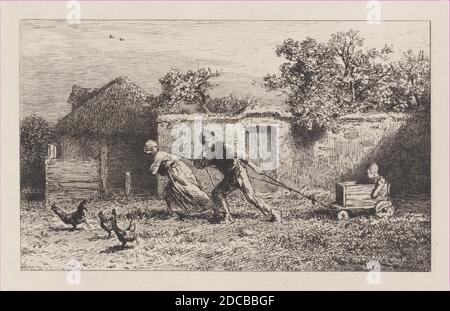 Crew, 1865. [Eltern ziehen Kind in Holzwagen]. Stockfoto