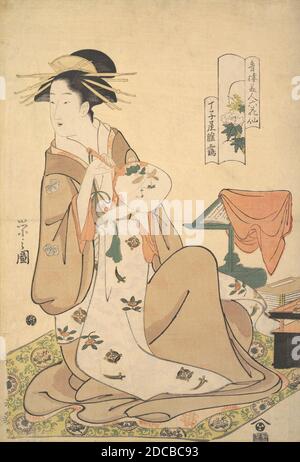 Der Oiran Hinazuu von Chojiya hält einen runden Fächer (Uchiwa), ca. 1794. Stockfoto