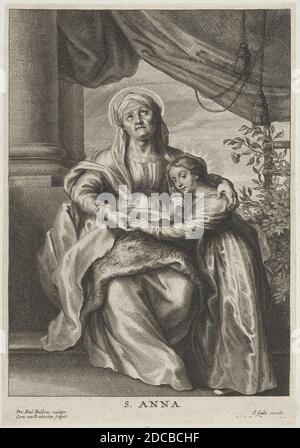 Die Erziehung der Jungfrau, mit der heiligen Anna auf einer Bank sitzend, nach oben schauend und ihren Arm um die Jungfrau hinlegte, ca. 1645-78. Stockfoto