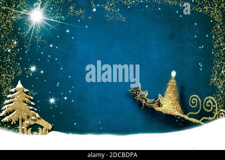 Weihnachtskrippe Religiöse Grußkarte. Krippe und Santa Claus Schlitten Hand gezeichnet mit goldenem Glitzer auf blauem Grunge Hintergrund mit Raum Stockfoto