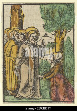 Christus und die Frau, die Blut ausgibt, aus dem Plenarium, 1517. [Jesus heilt die blutende Frau]. Stockfoto