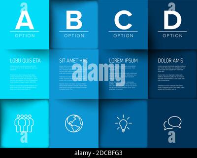 Mehrzweck-Mosaik vier Buchstaben Optionen Infografik aus blauer Farbe Inhalt Quadrate mit Symbolen Buchstaben und Texte Stock Vektor