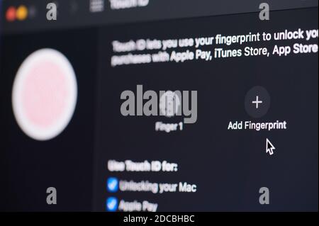 New york, USA - 20. November 2020: Fügen Sie neue Fingerabdruck für die Sicherheit auf dem Bildschirm Laptop Nahaufnahme Stockfoto
