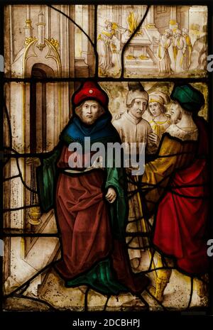 Glaspaneel mit der Profanation von Jerusalem und den heiligen Riten des Tempels, deutsch oder südholländisch, 16. Jahrhundert. Stockfoto
