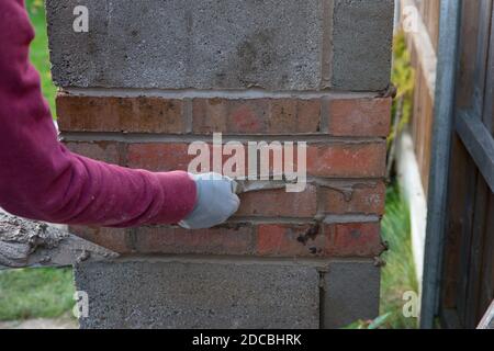 Nahaufnahme von Maurerziegeln mit Maurerkelle und Mörtel Gebäude einen Grill im Freien im Sommer Stockfoto