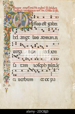 Manuskriptblatt mit Johannes dem Evangelisten und Johannes dem Täufer in einem Anfangsm, aus einem Antiphonar, italienisch, zweite Hälfte 15. Jahrhundert. Stockfoto
