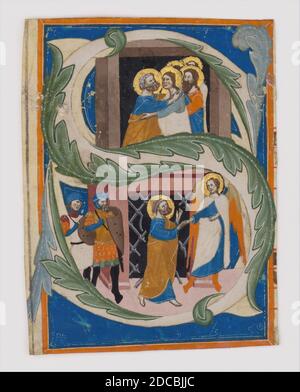 Initial S mit St. Peter aus dem Gefängnis befreit, Italienisch, erste Hälfte 14. Jahrhundert. Stockfoto