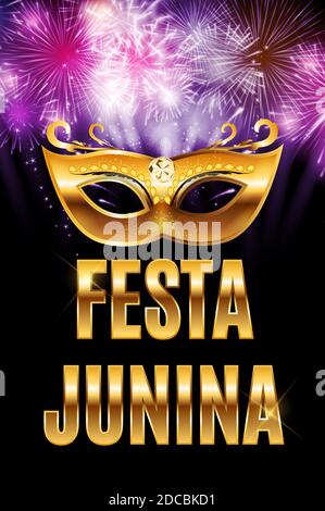 Festa Junina Feiertagshintergrund. Traditionelle Brasilien Juni Festival Party. Mittsommerurlaub. Illustration mit Band und Flaggen. Stockfoto