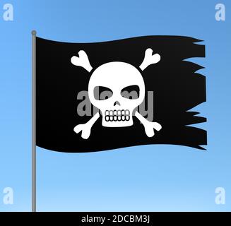 Schwarze Piratenfahne mit Totenkopf und Kreuzknochen Symbol fröhliche roger Vektorgrafik im Comic-Stil Stock Vektor